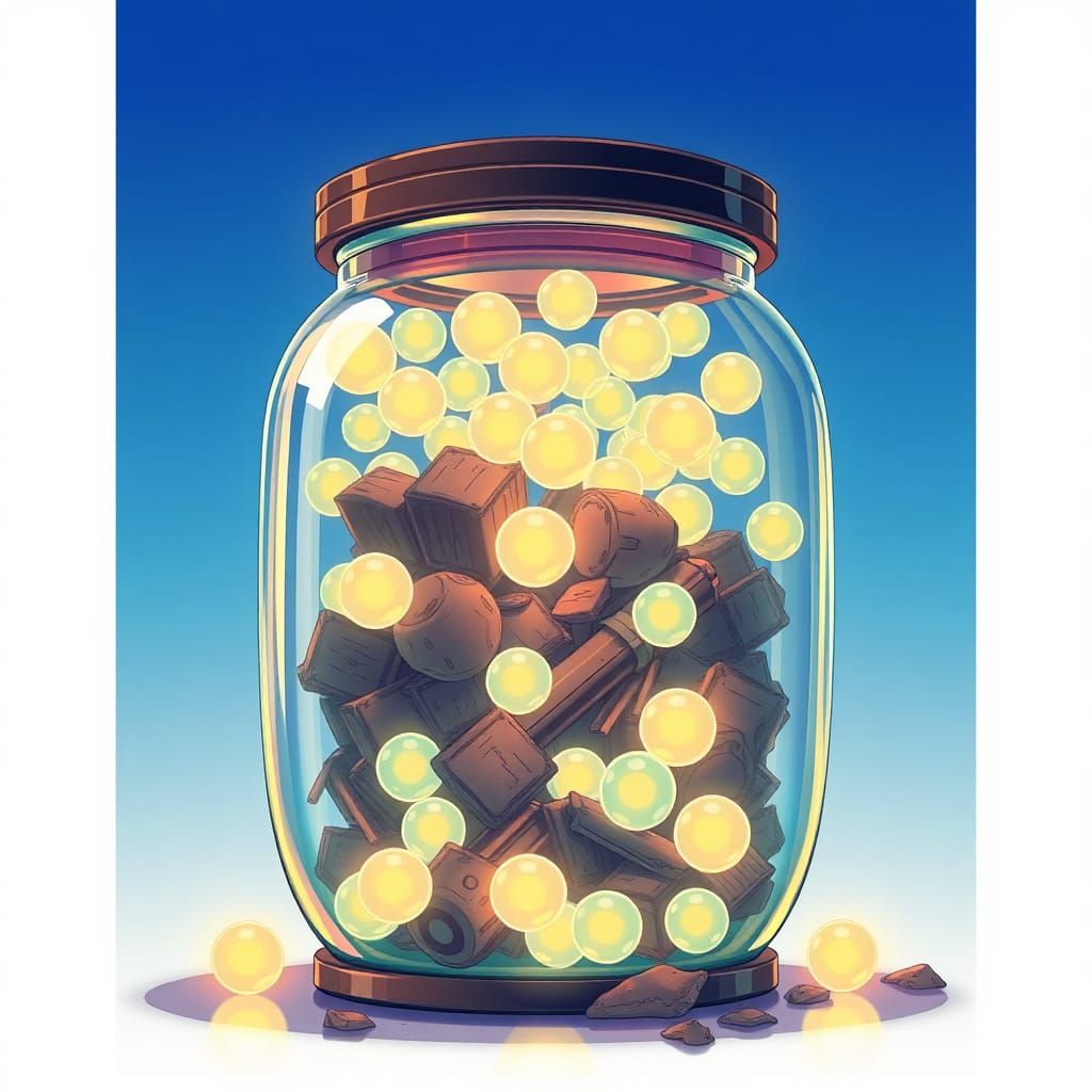 Memory Jar Overflowing with Ethereal Orbs in Anime Style