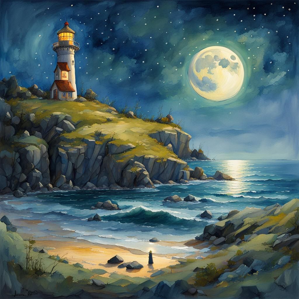 DreamWorks Lighthouse in Moonlit Watercolor Landscape