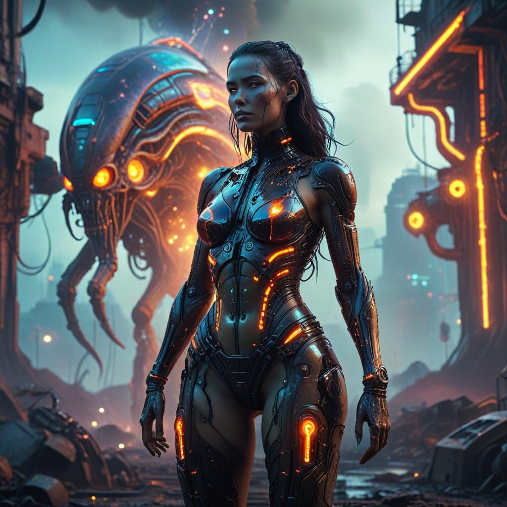 Cyborg Woman in Wasteland City, Cyberpunk Neon Art