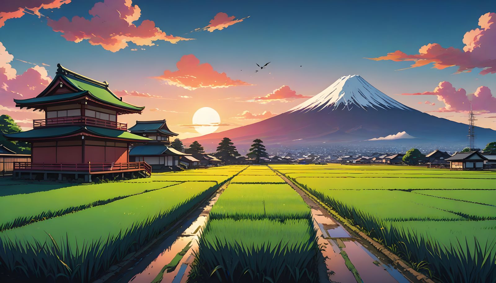 Serenic Anime Landscape of Japanese Countryside with Mount F...