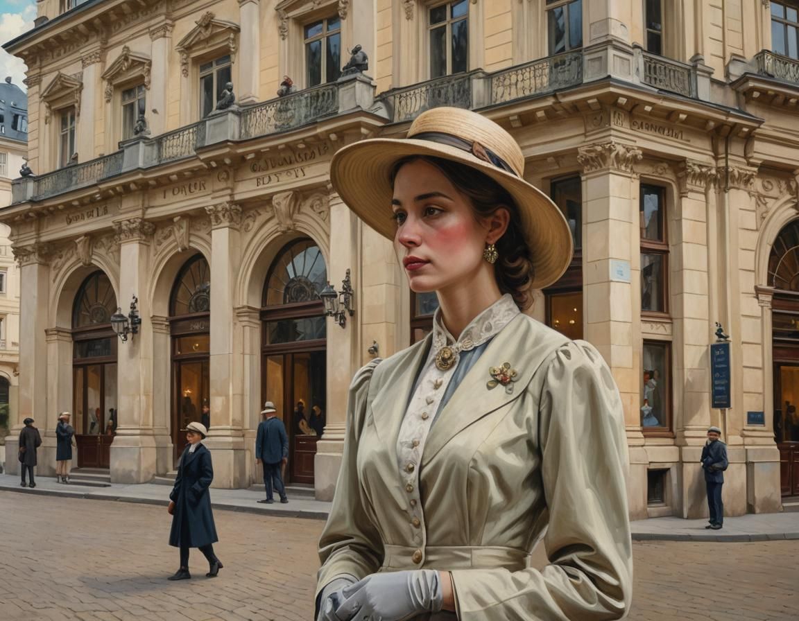 Elegant Woman at Grandhotel Pupp, Art Nouveau Painting