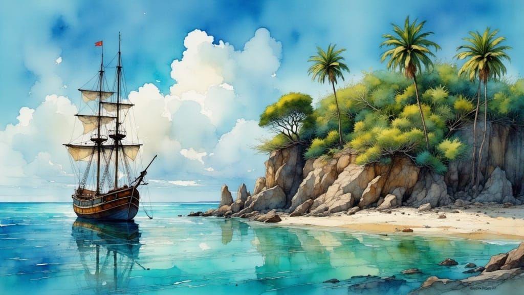 Treasure Island Pirate Ship in Painterly Style