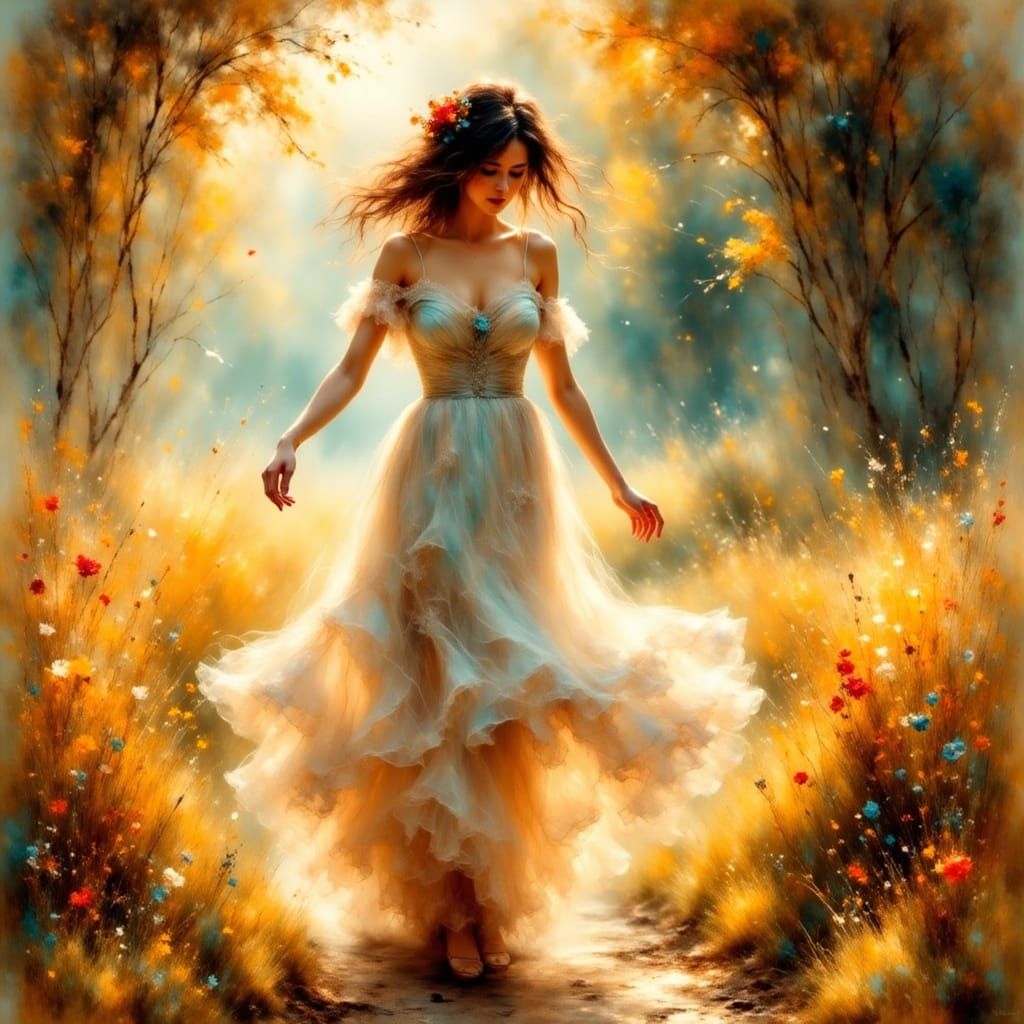 Floral Goddess in Golden Forest as Art Nouveau Painting