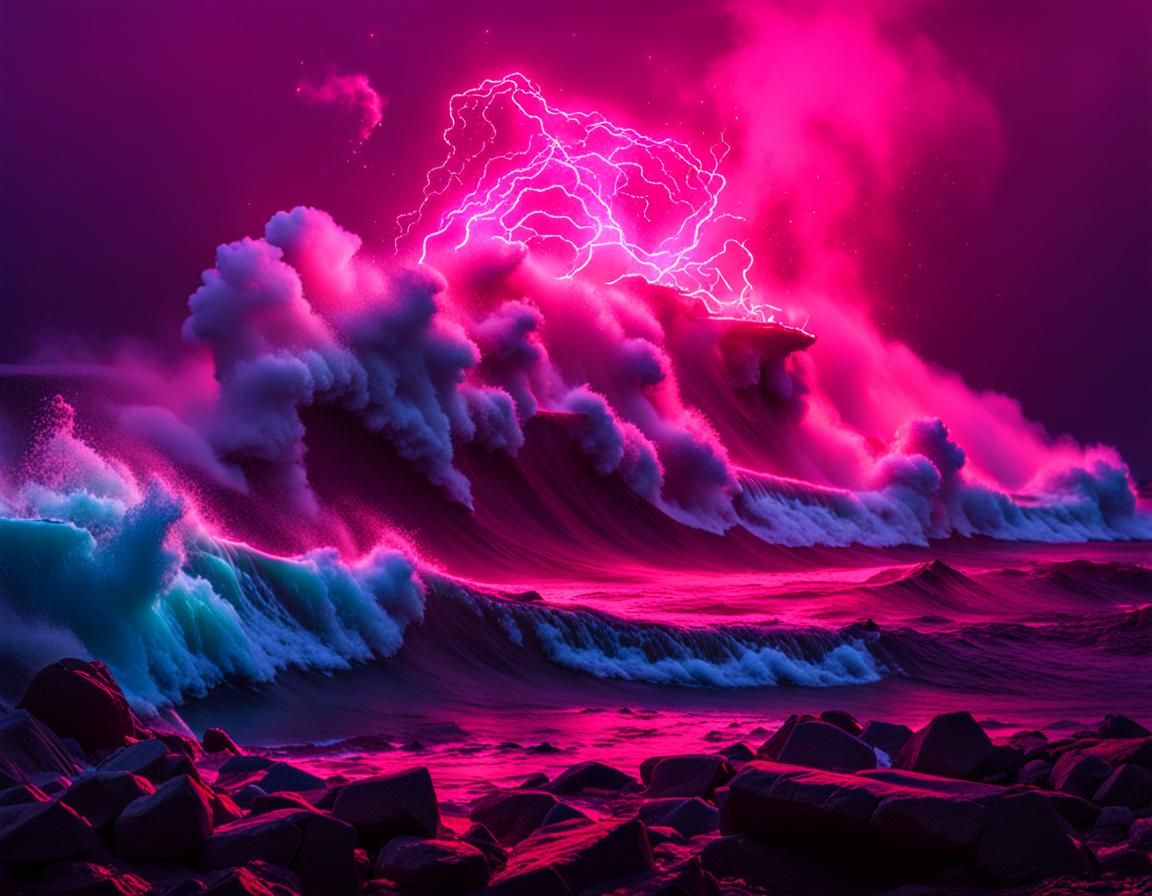 Giant Ocean Waves with Neon Lights and Steam
