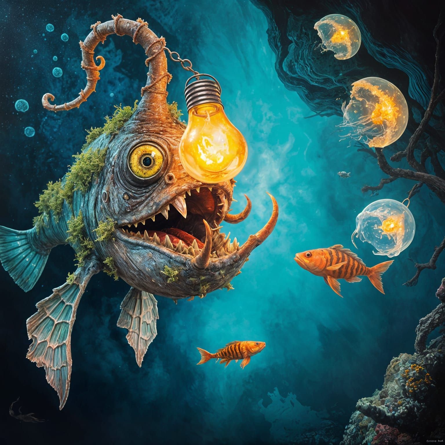 Eerie Deep-Sea Anglerfish in Colorful Oil Painting