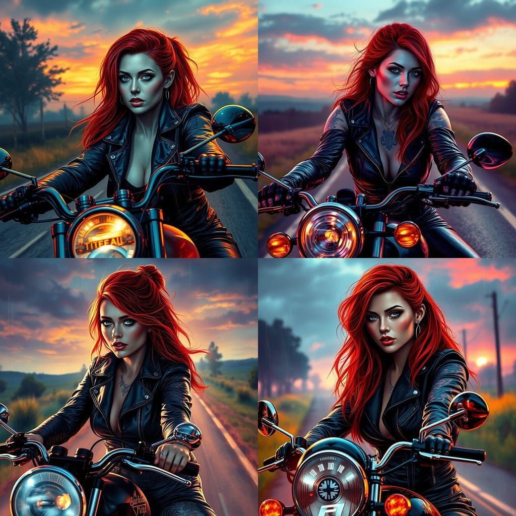 Vibrant Redhead Biker in Hyperrealistic Vogue Style