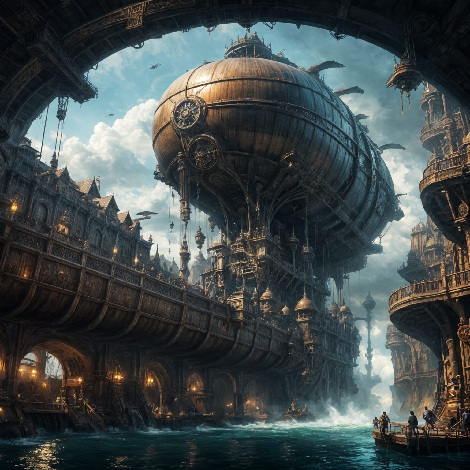 Steampunk Airship Waterfall in Detailed Matte Painting
