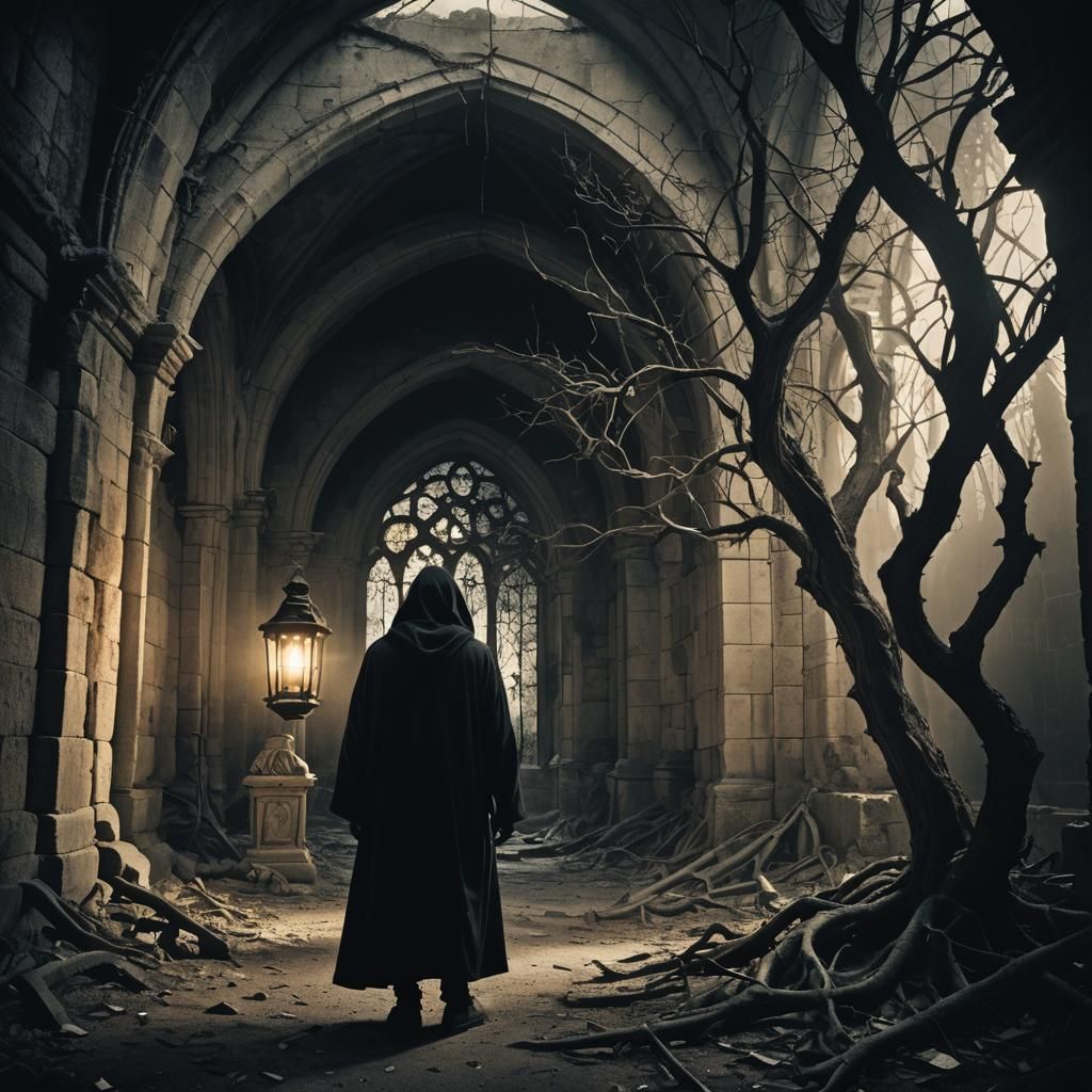 Hooded Figure in Ruined Church, Surreal Dark Fantasy