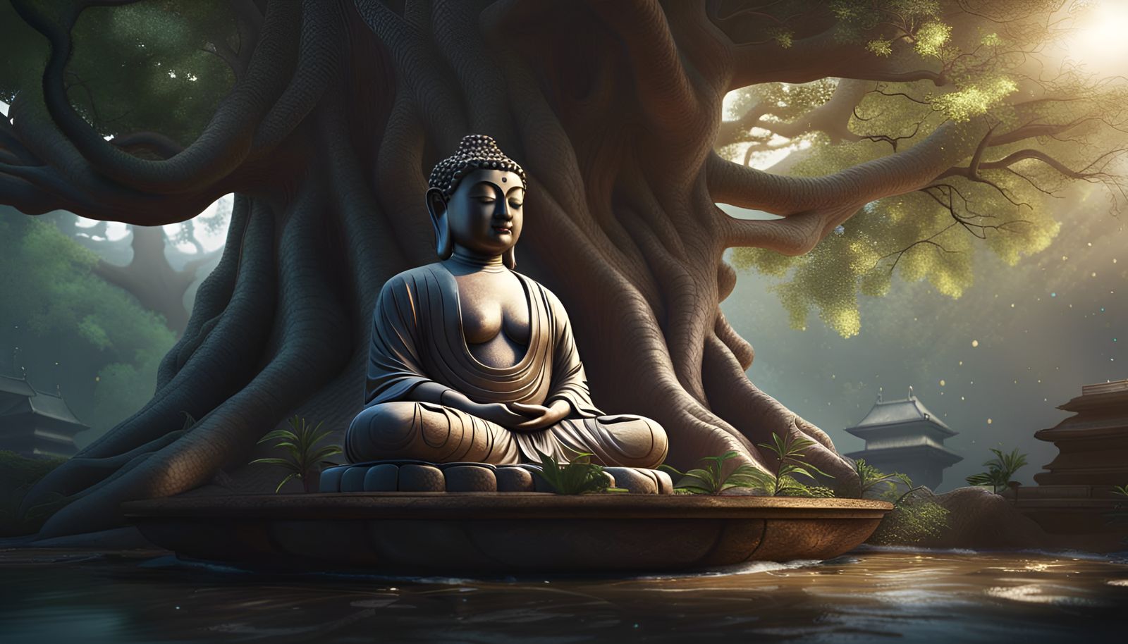 Meditating Buddha Under Bodhi Tree: Fantasy Concept Art