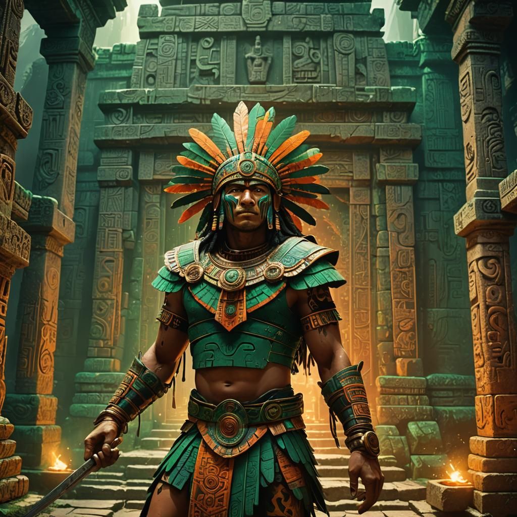 Aztec Warrior in Ancient Temple: Matte Painting