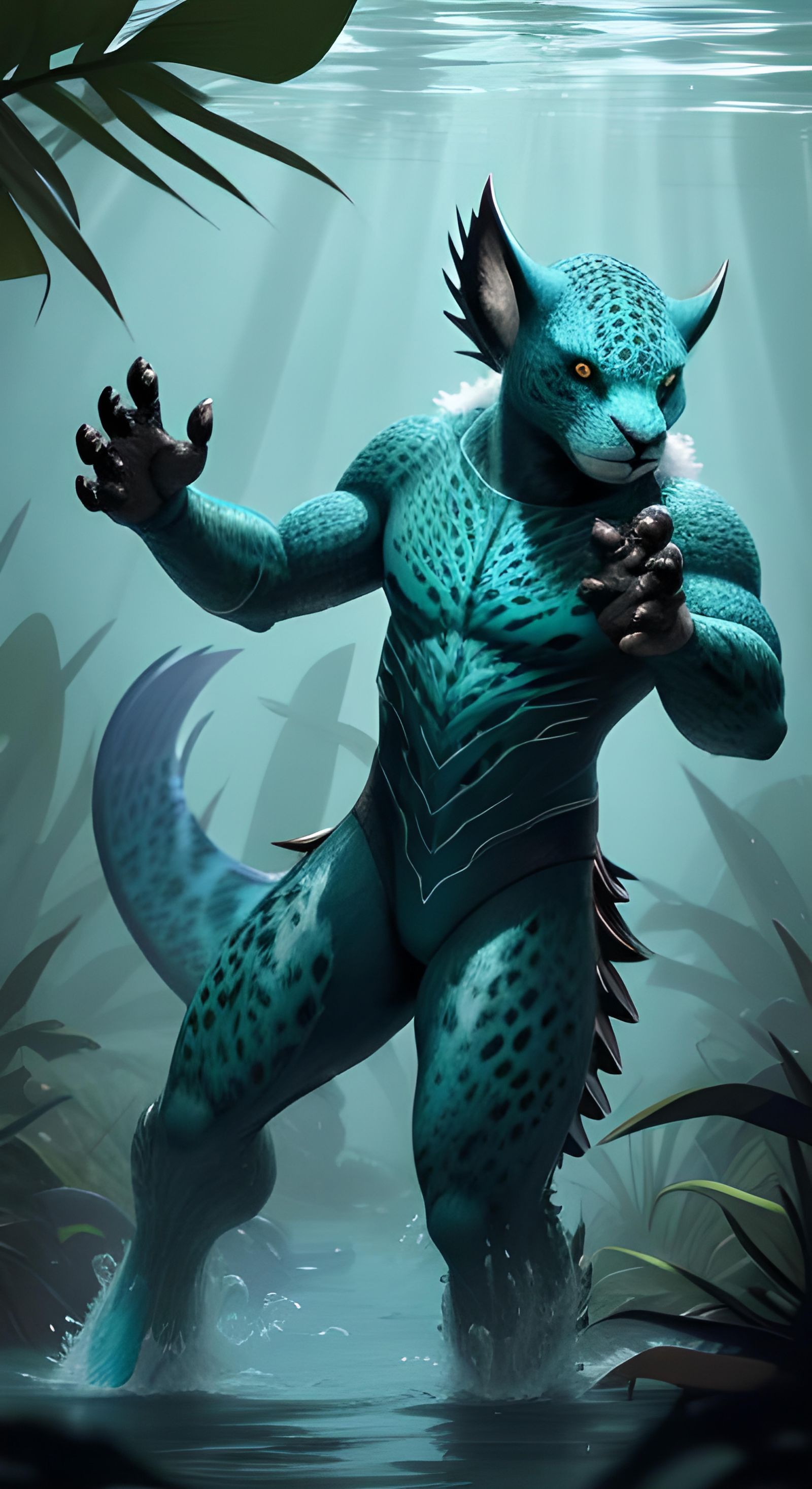 Cyan Jaguar-like Being Hunting in Sci-Fi Swamp