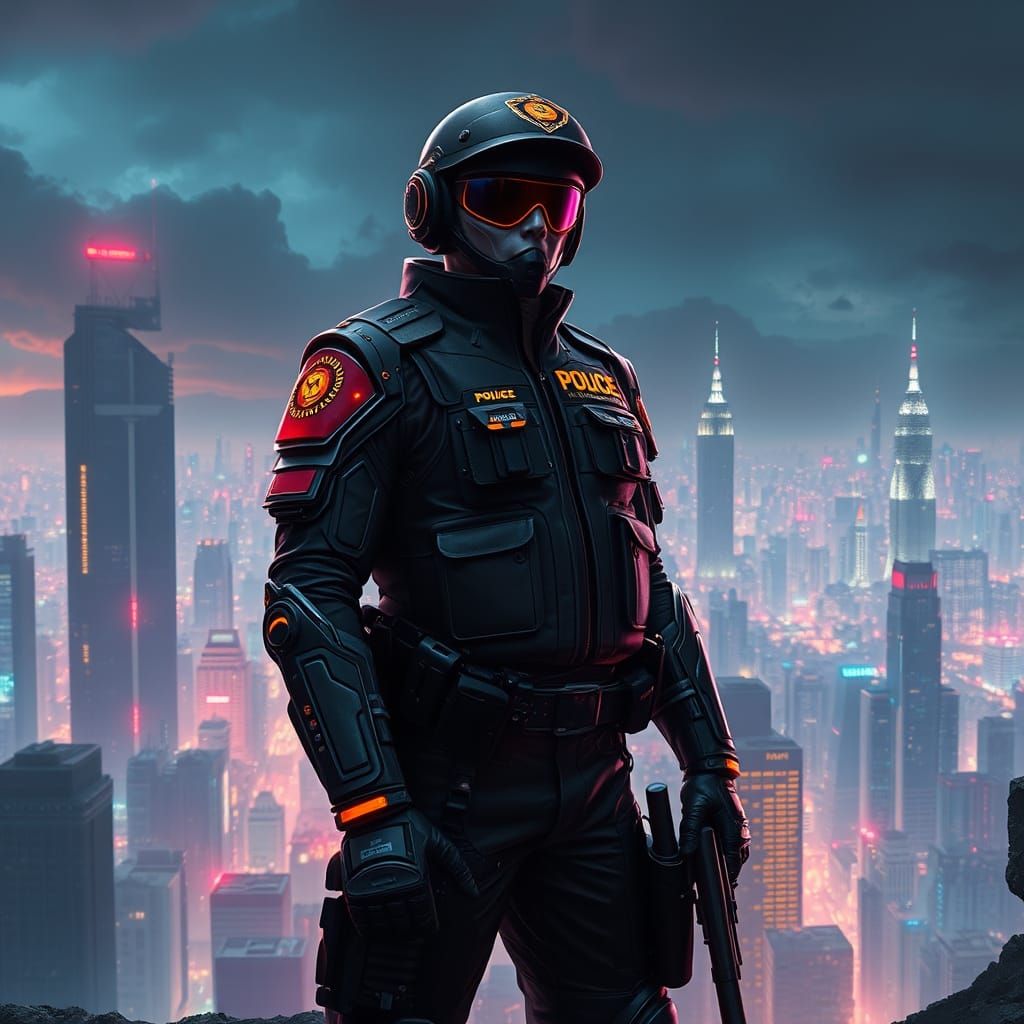Cyberpunk Police Officer in Industrial Futurism Style
