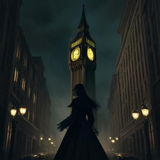 Surreal Woman and Clock Tower in Dreamlike City