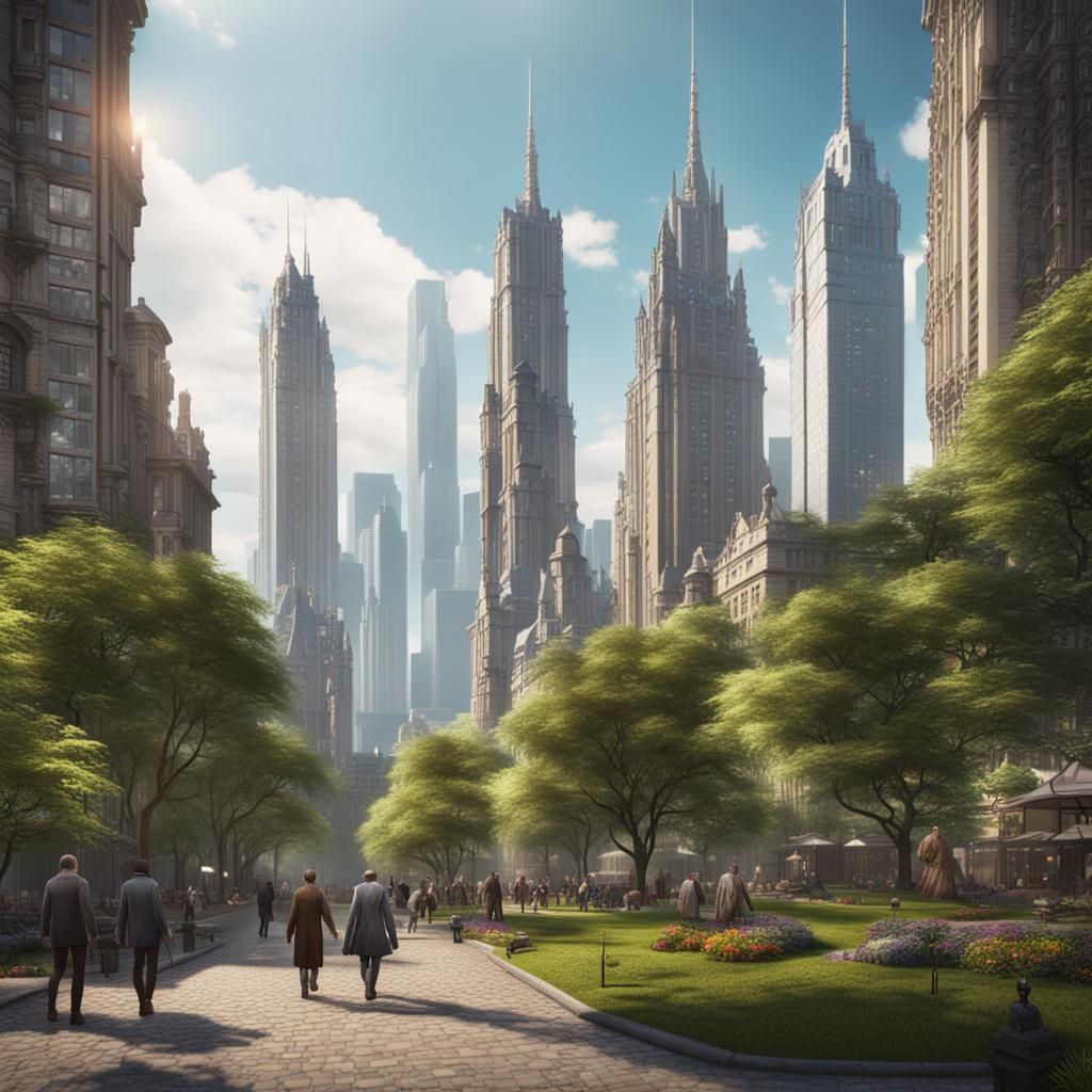 Lively Cityscape with Skyscrapers, Parks, and People