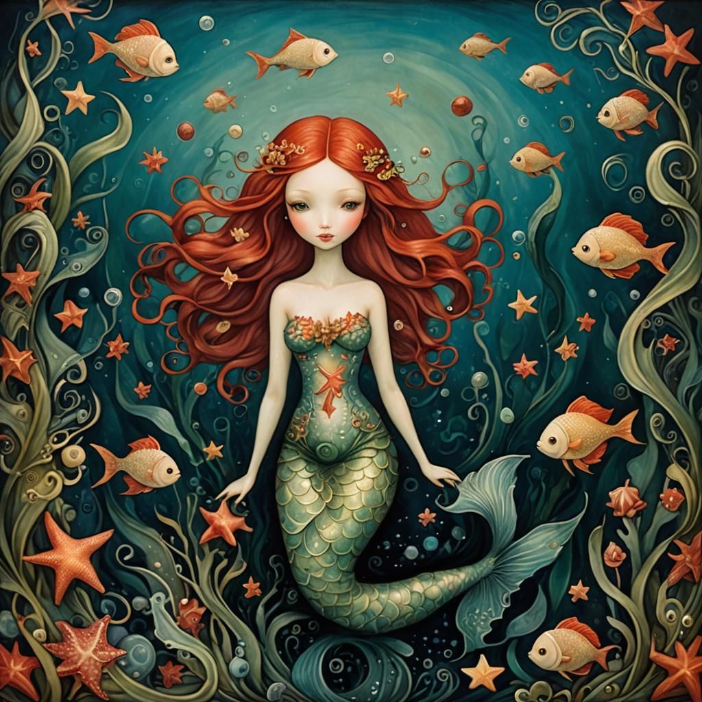 Redhead Mermaid in Underwater Scene, Lyrical Abstraction
