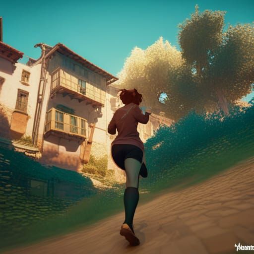 Woman Runs Up Hill in Hyperdetailed Concept Art
