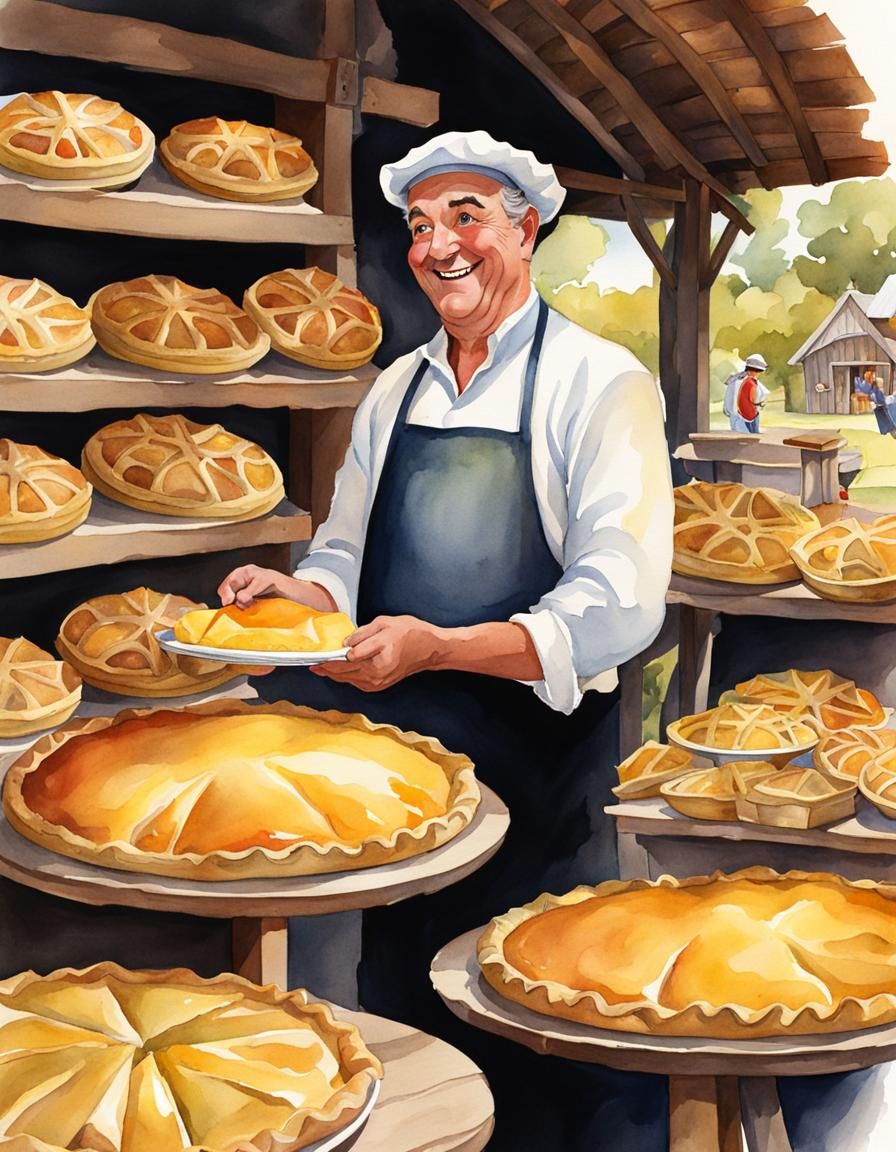 Golden Pies at Country Market Stall in Watercolor