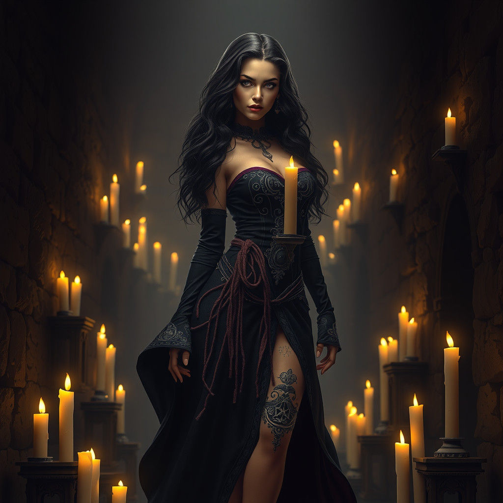 Mystical Cultist in Candlelit Dungeon, Art Nouveau Style