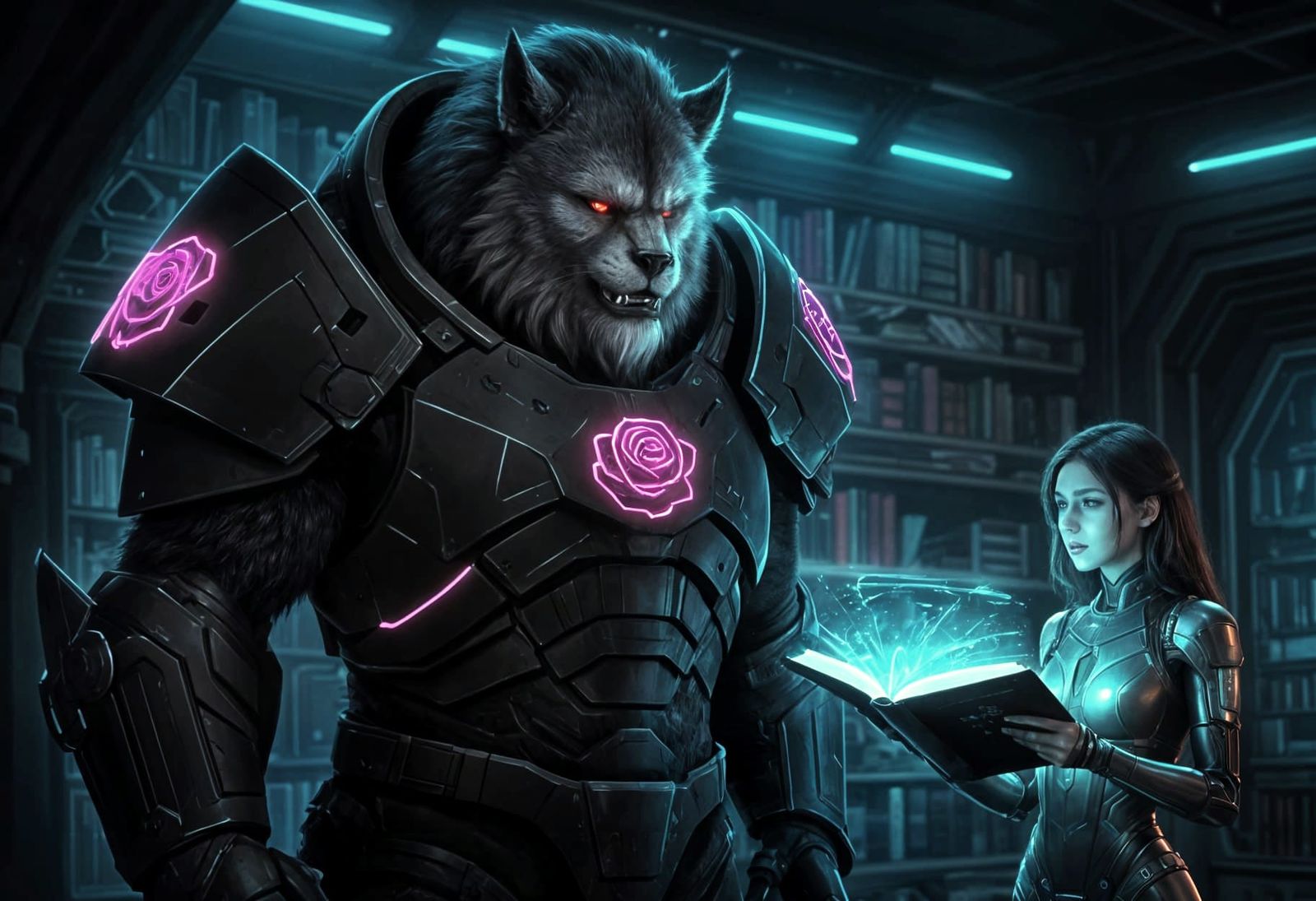 Cyborg and Armored Beast in Sci-Fi Library