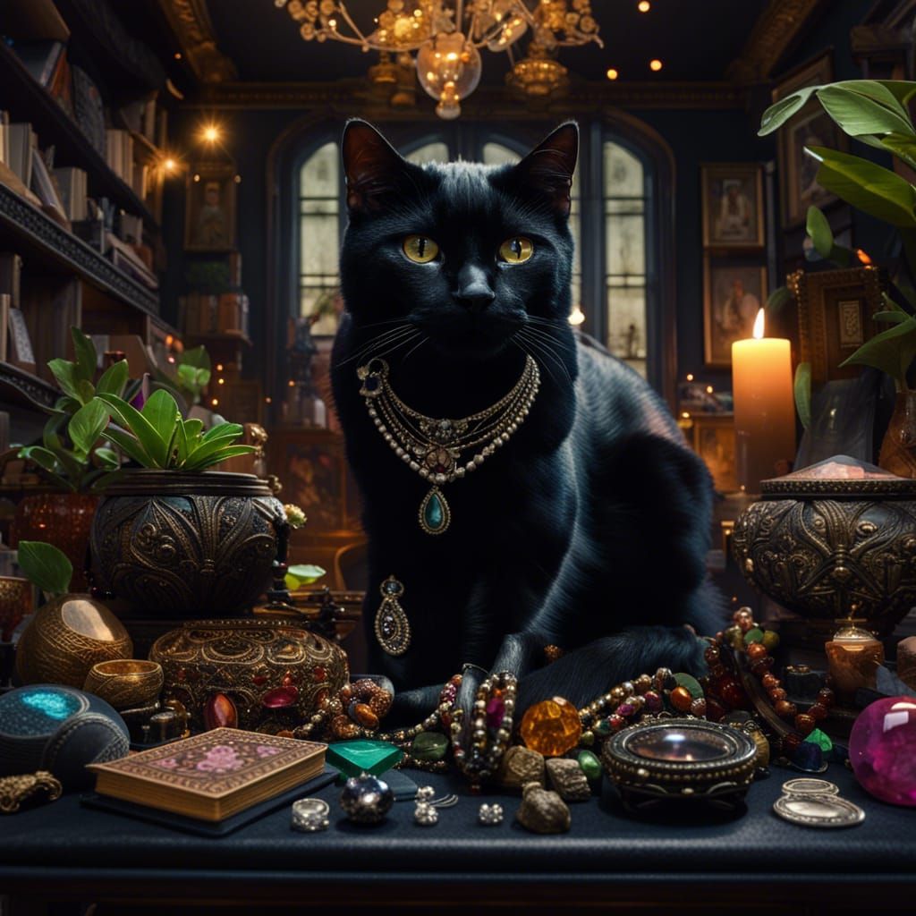 Majestic Black Cat Surrounded by Jewels