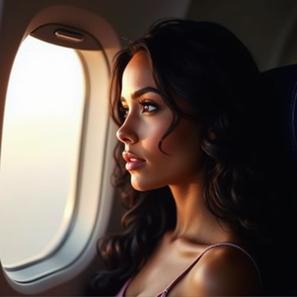 Elegant Dark-Skinned Girl Looks Out Airplane Window