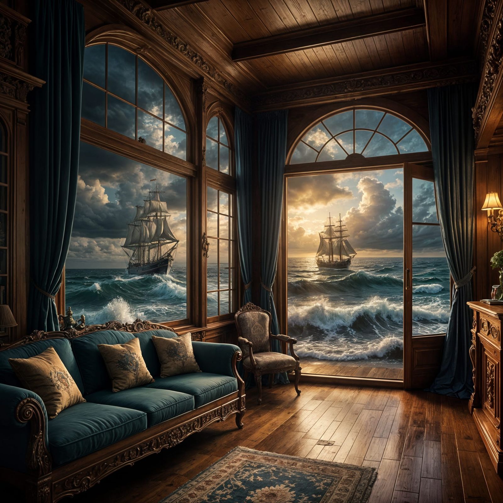 Victorian Coastal Scene with Lighthouse and Sailing Schooner