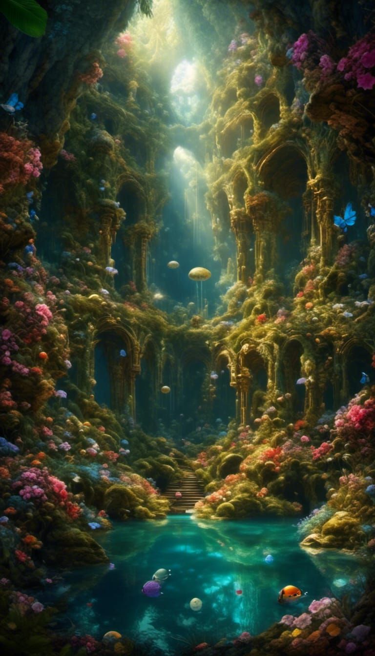 Enchanting Secret Grotto in Hyperrealistic Detail