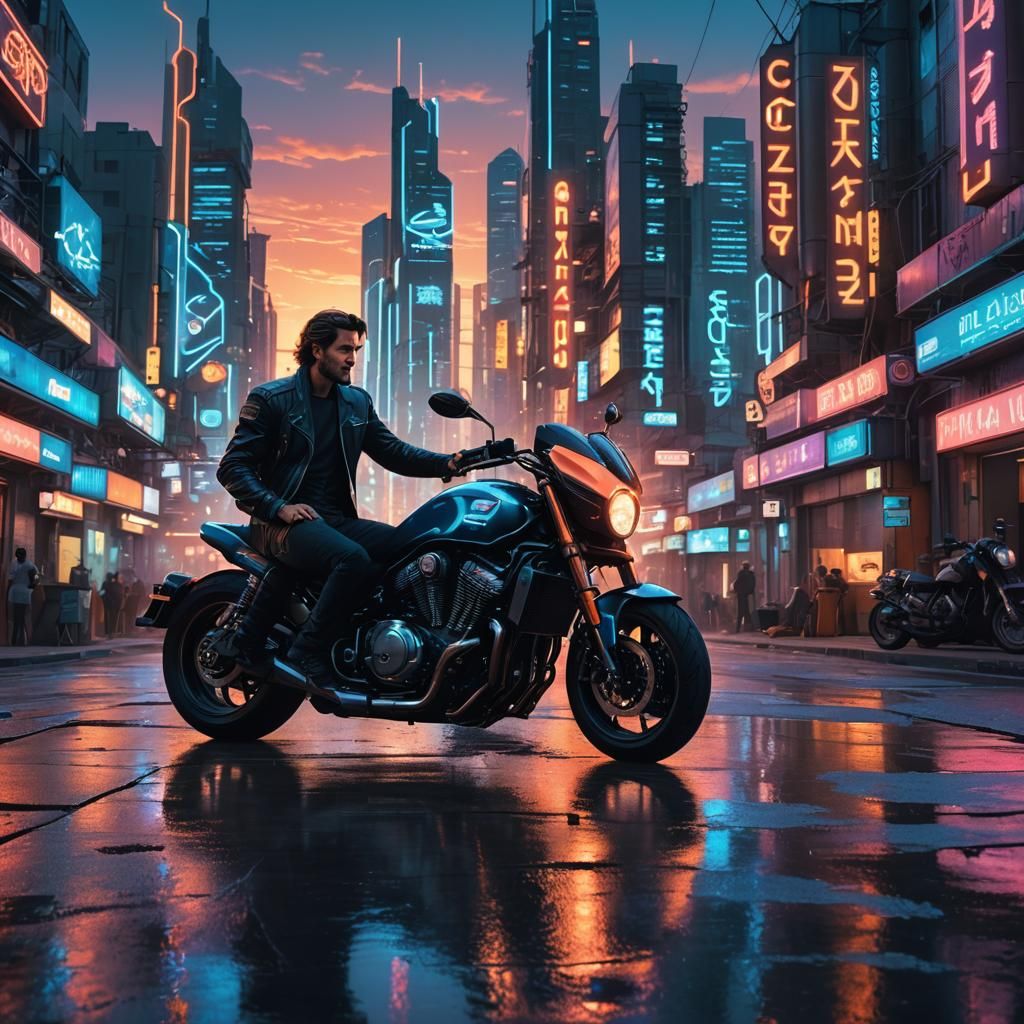 Sci-Fi Biker in Futuristic Cityscape