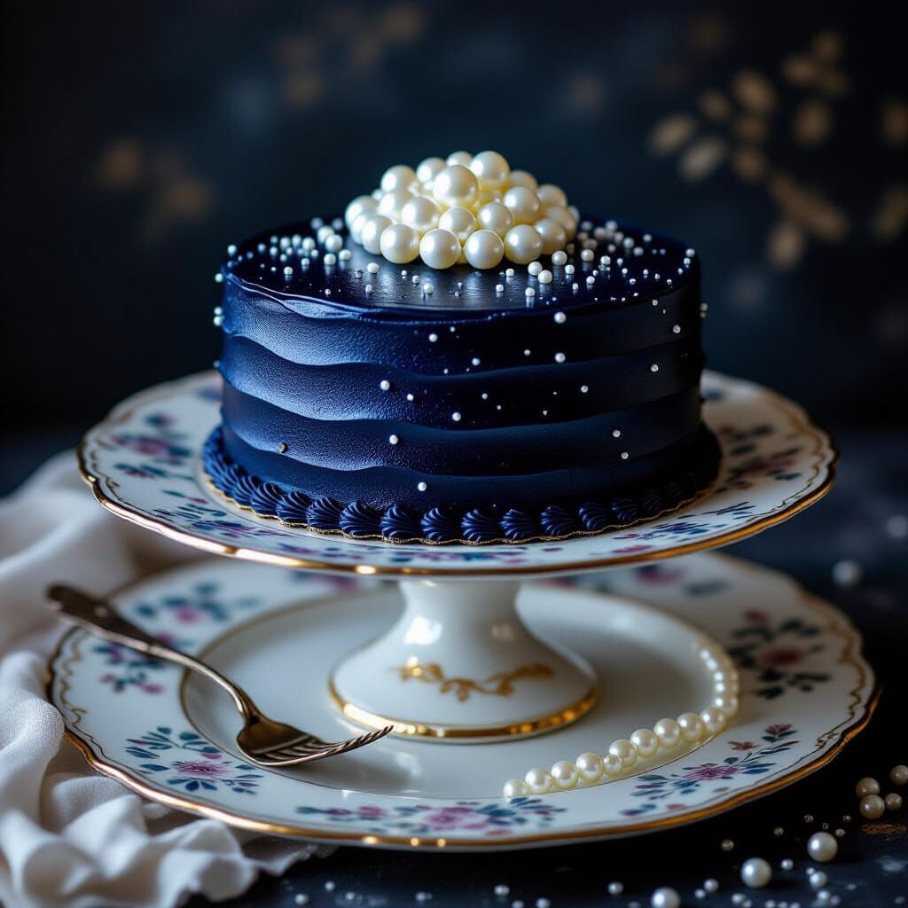 Fantasy Cake with Midnight Blue Frosting Shimmering Like Moo...