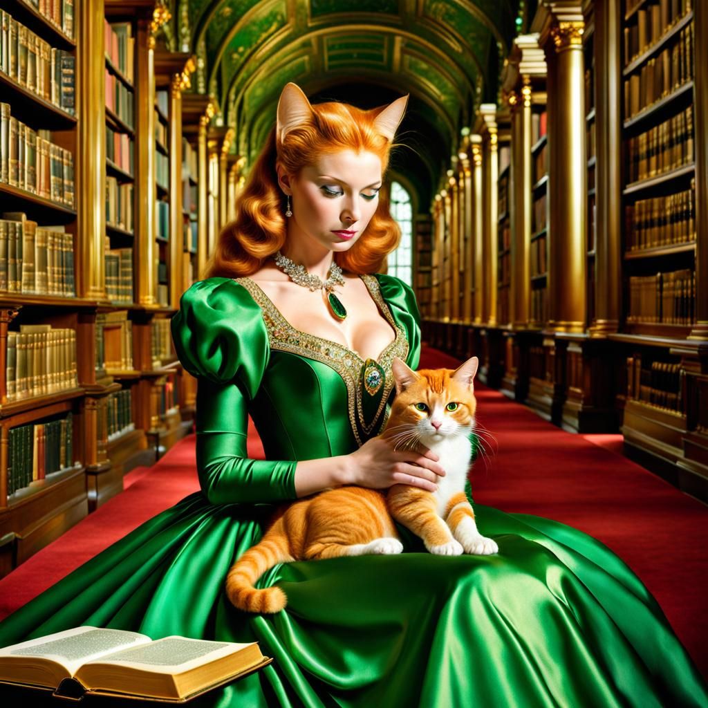 Feline Woman Reading in Library, Detailed HDR