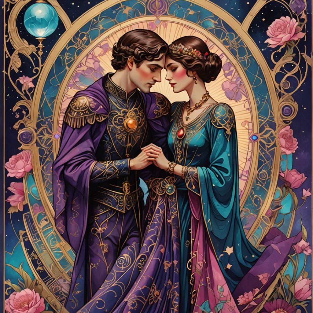 Art Deco Love Tarot Card with Floral Patterns