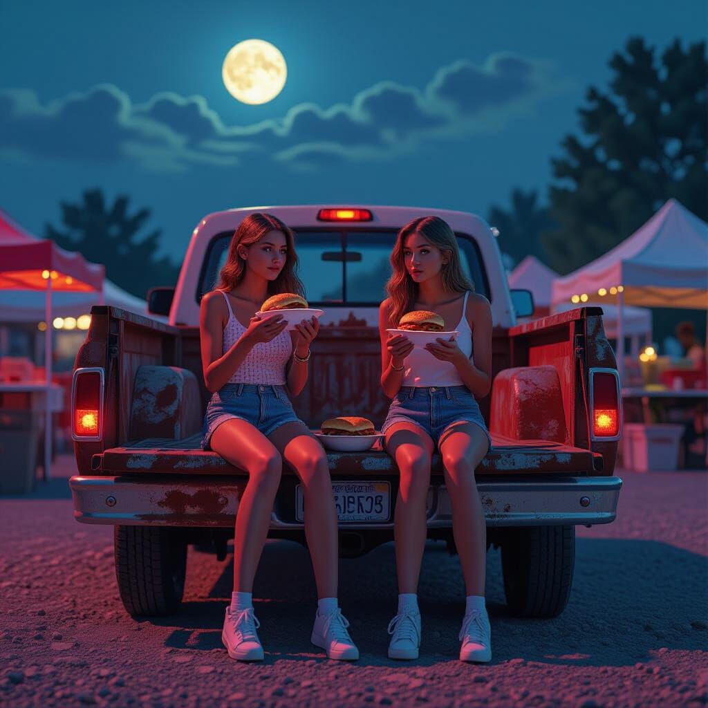 Moonlit Farmer's Market Scene with Teenagers Eating Sandwich...