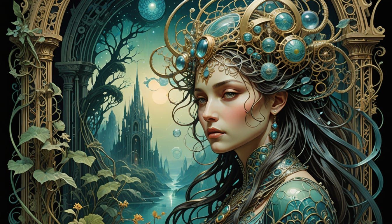 Bioluminescent Alien Jungle Ruins in Art Nouveau Style