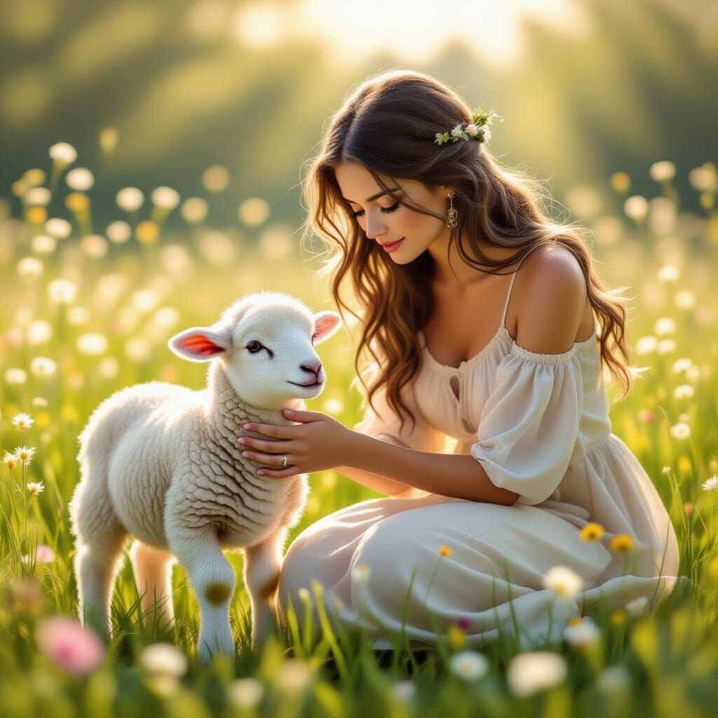 Woman Comforts Lamb in Sunny Meadow