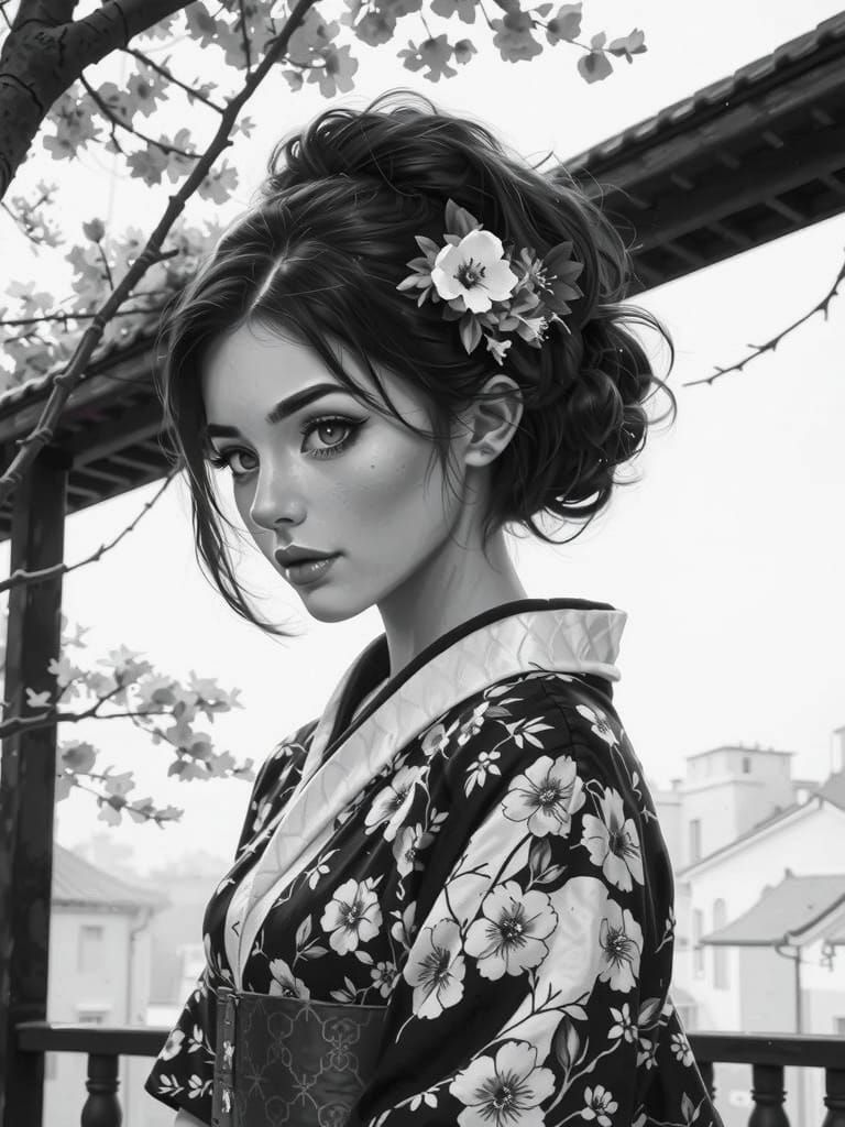 Elegant Geisha in Traditional Attire, Plum Blossoms, and Bri...