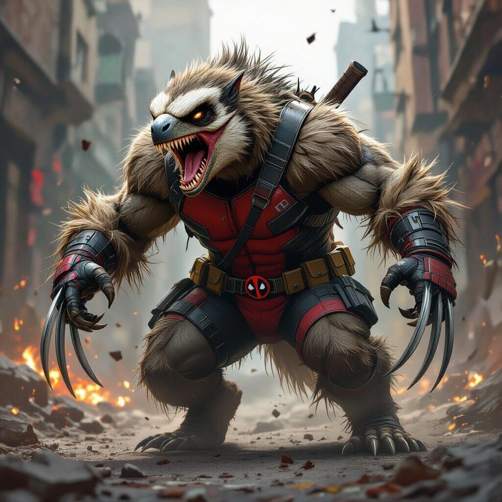 Velociraptor Sloth Hybrid in Chaotic Action Scene