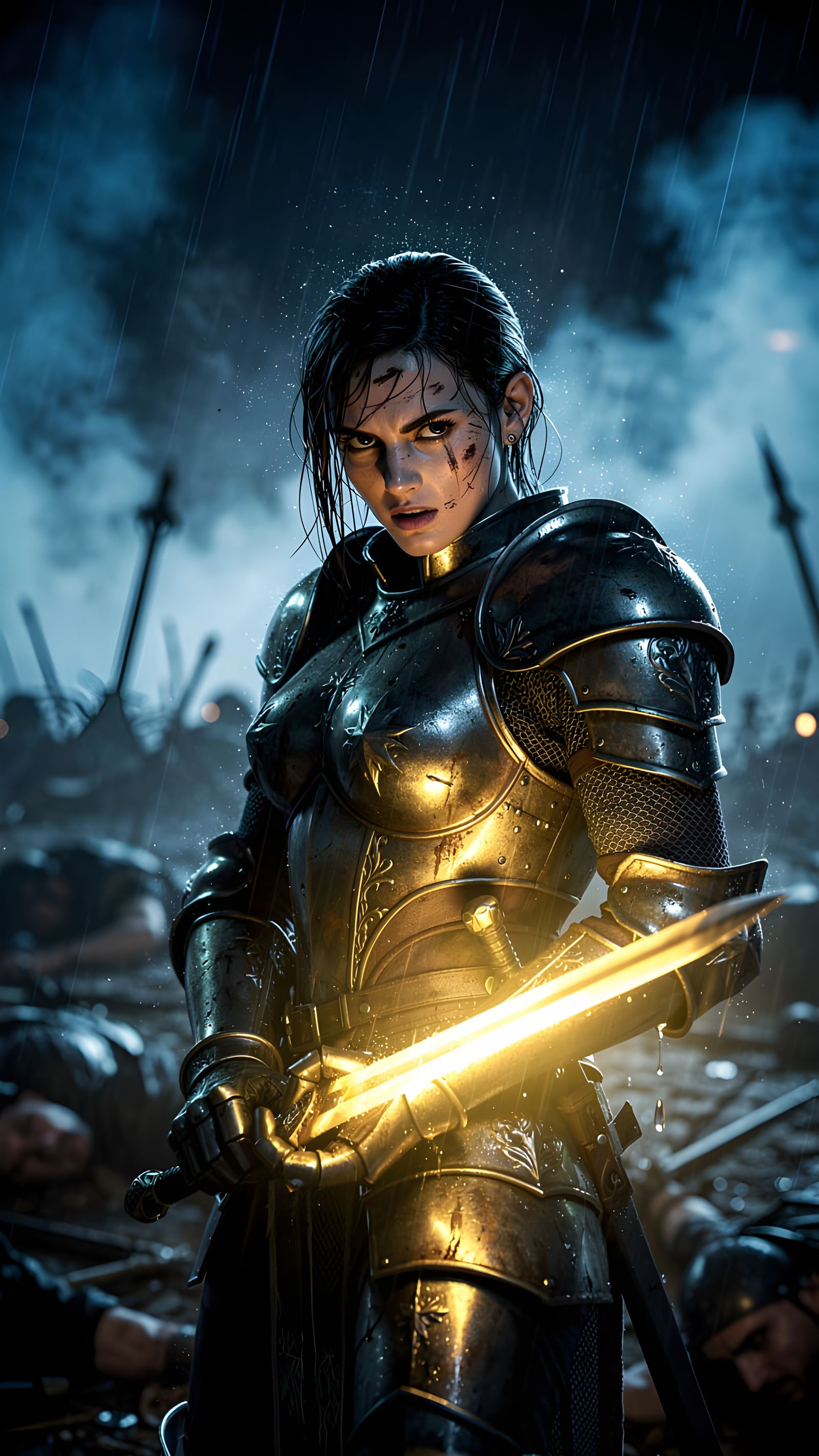 Warrior Emerges from Smoke with Glowing Blade