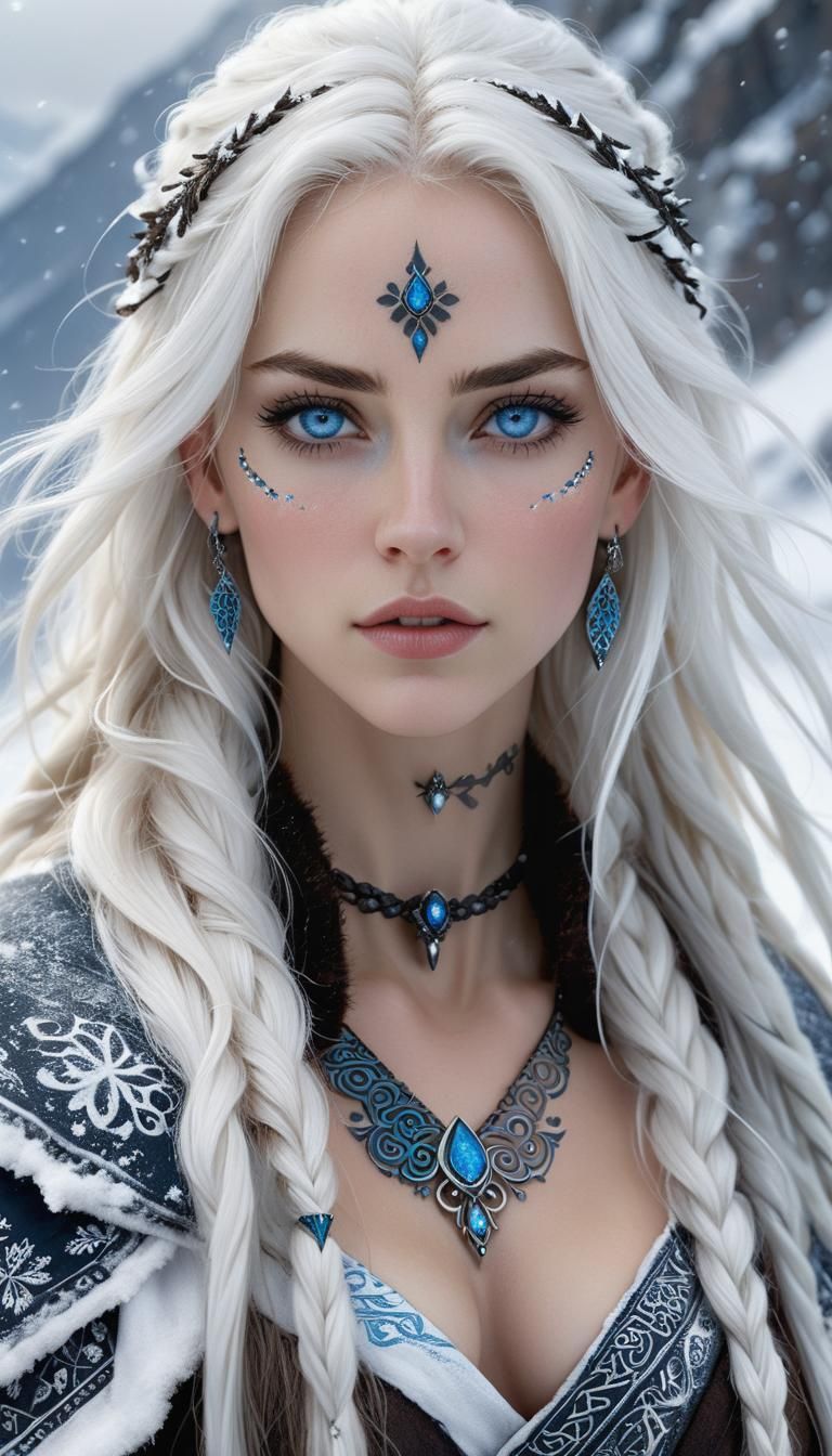 Mystical Woman with Tattoos in Snowy Landscape