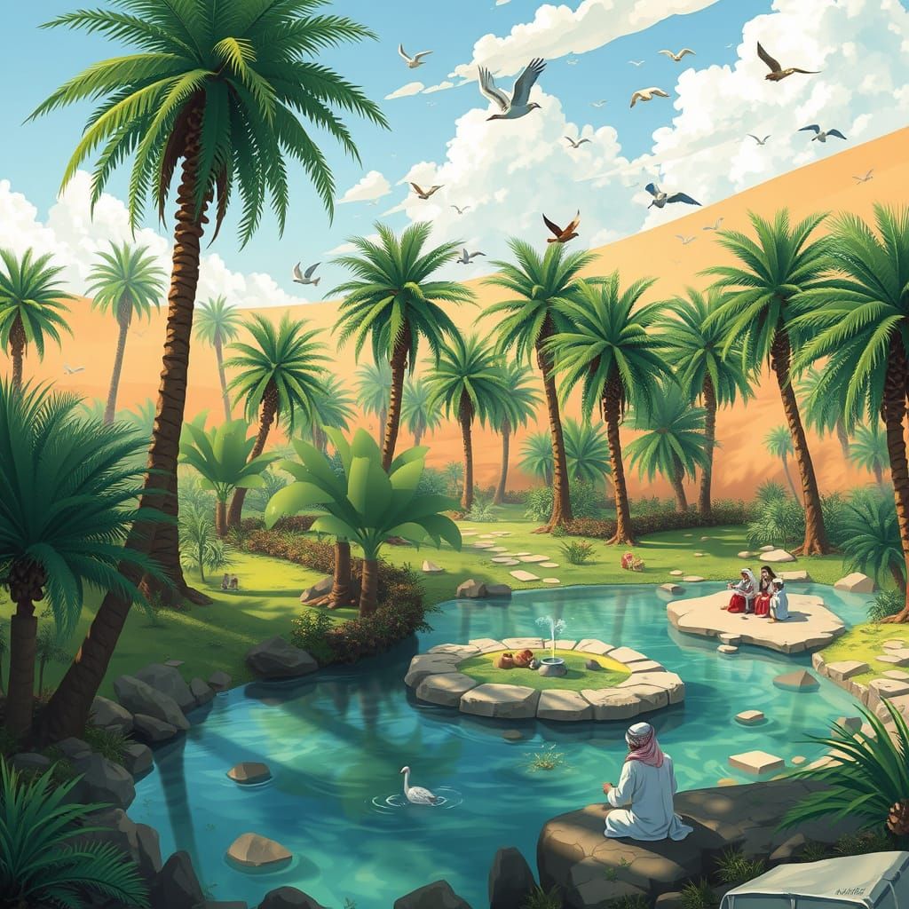 Arabian Desert Oasis in Islamic Miniature Style