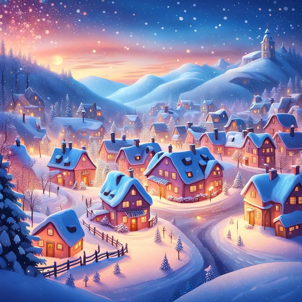 Whimsical Snow Village at Dusk in Digital Art