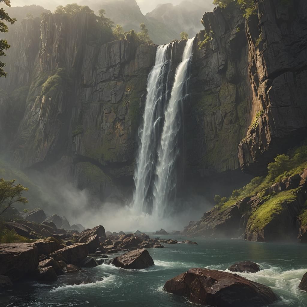 Majestic Waterfall in Mystical Landscape
