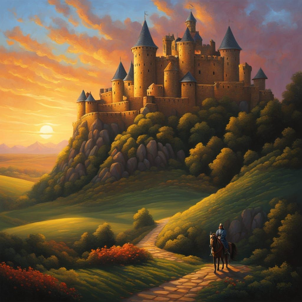 Paladin Rides to Castle at Sunrise