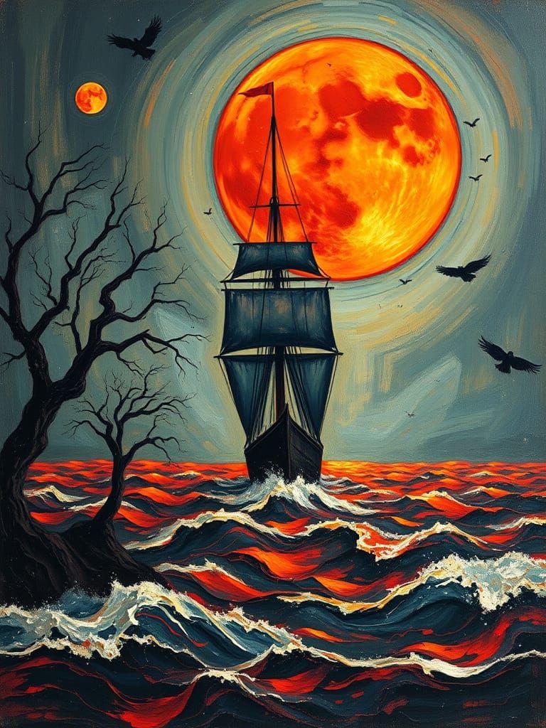Tall Ship Sails Under Expressionist Moonlit Sky