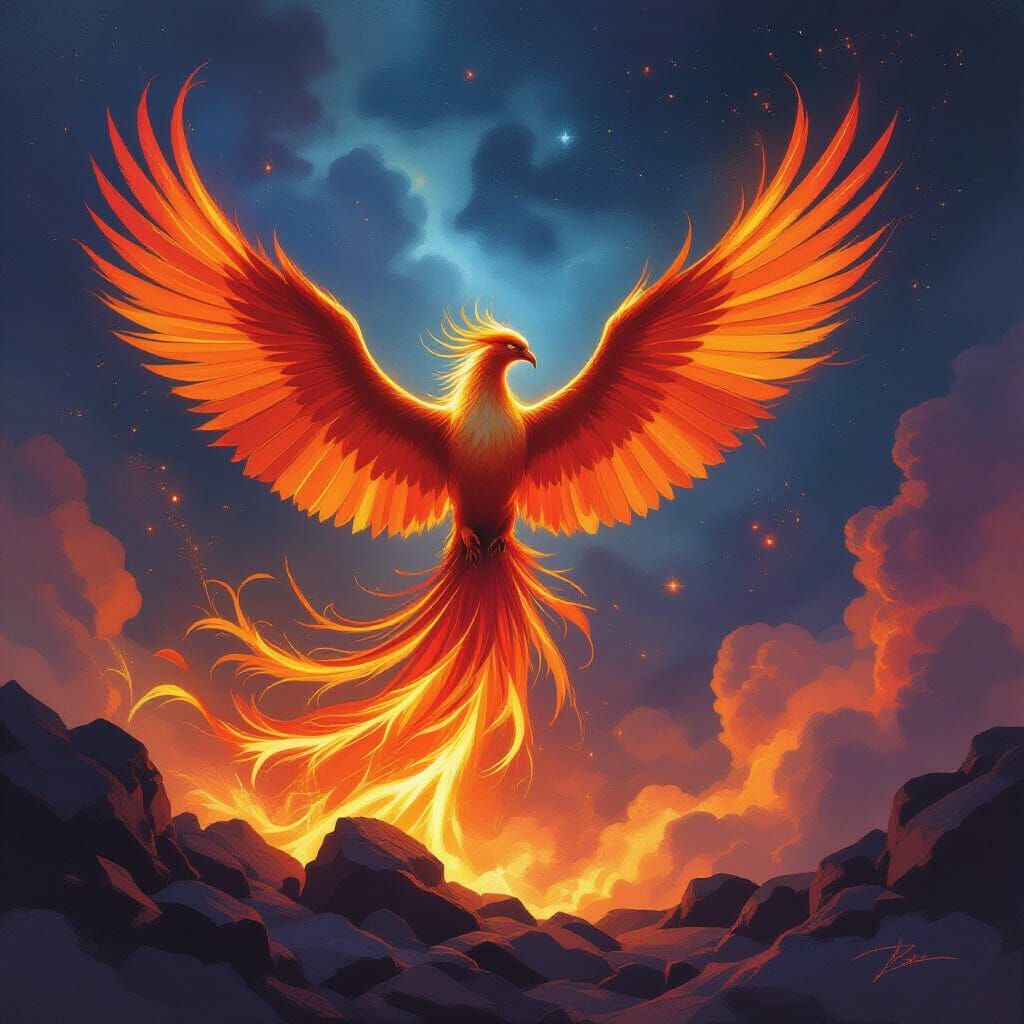 Phoenix Rising from Ashes in Fiery Nebula