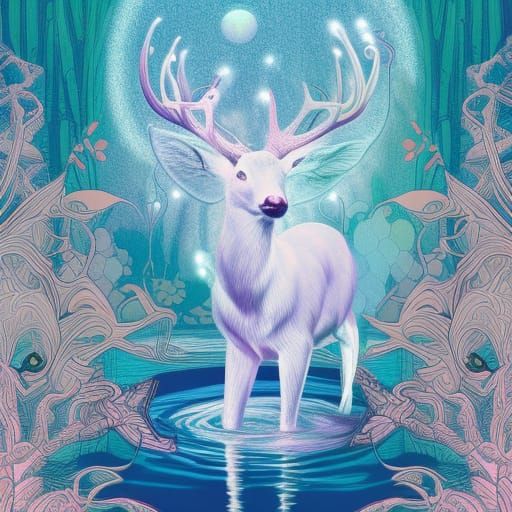 Ethereal Ghost Deer Drinking in Misty Lake
