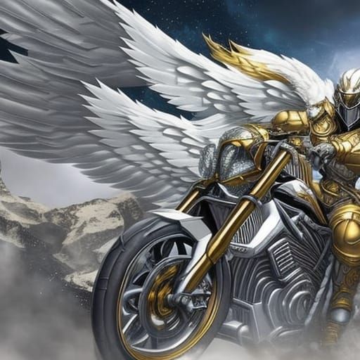 Angel Rides Motorcycle Through Hell in Hyperrealistic Style