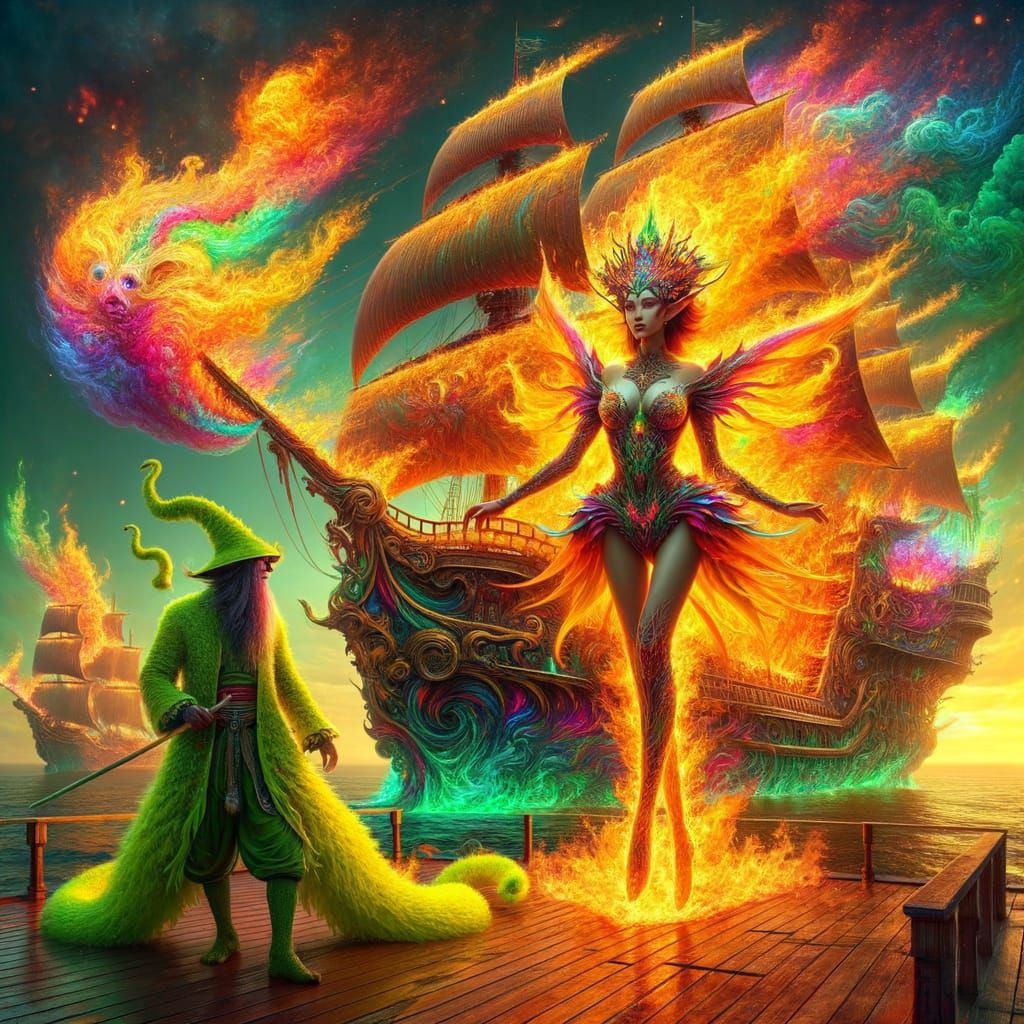 Empress Fire Elemental Fairy Elf on Burning Ship