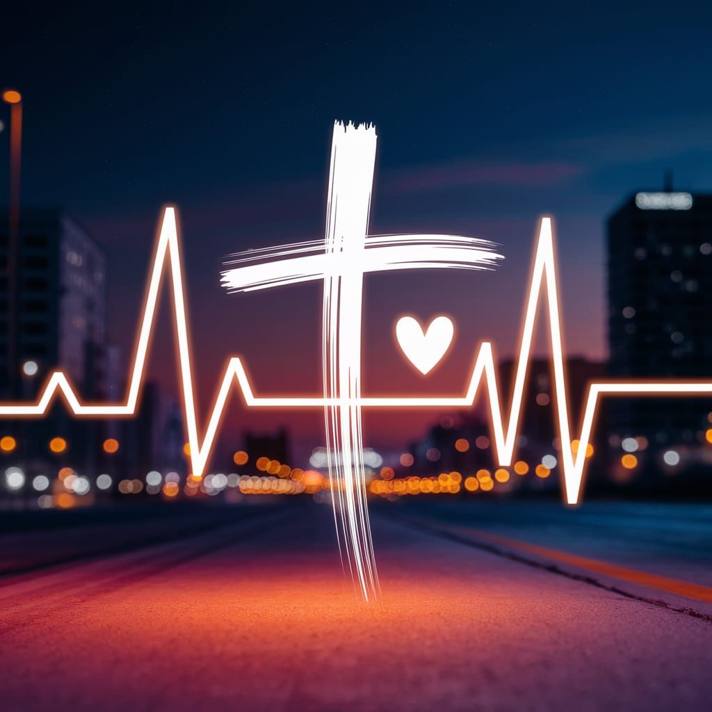 Surreal City Night Sky with Glowing Cross and Heartbeat