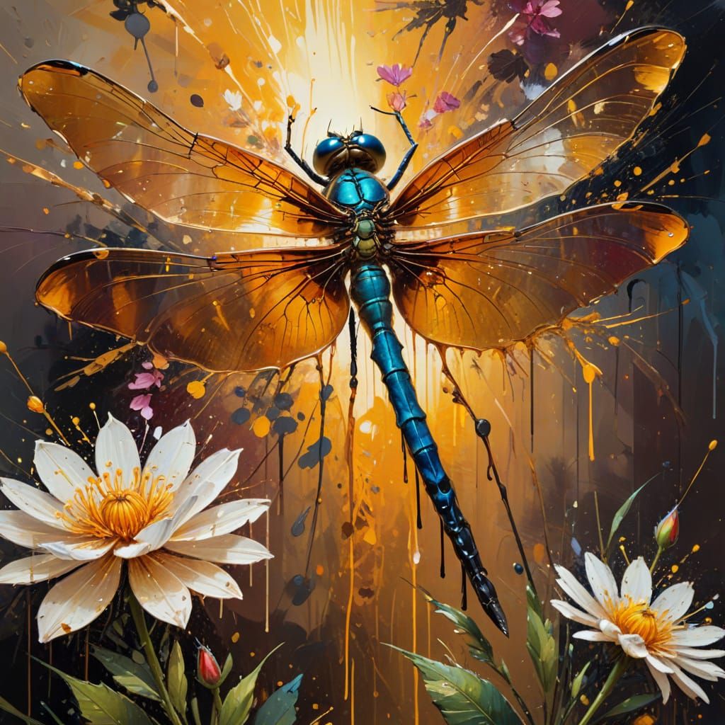 Dragonfly on Flower in Drip Painting Style