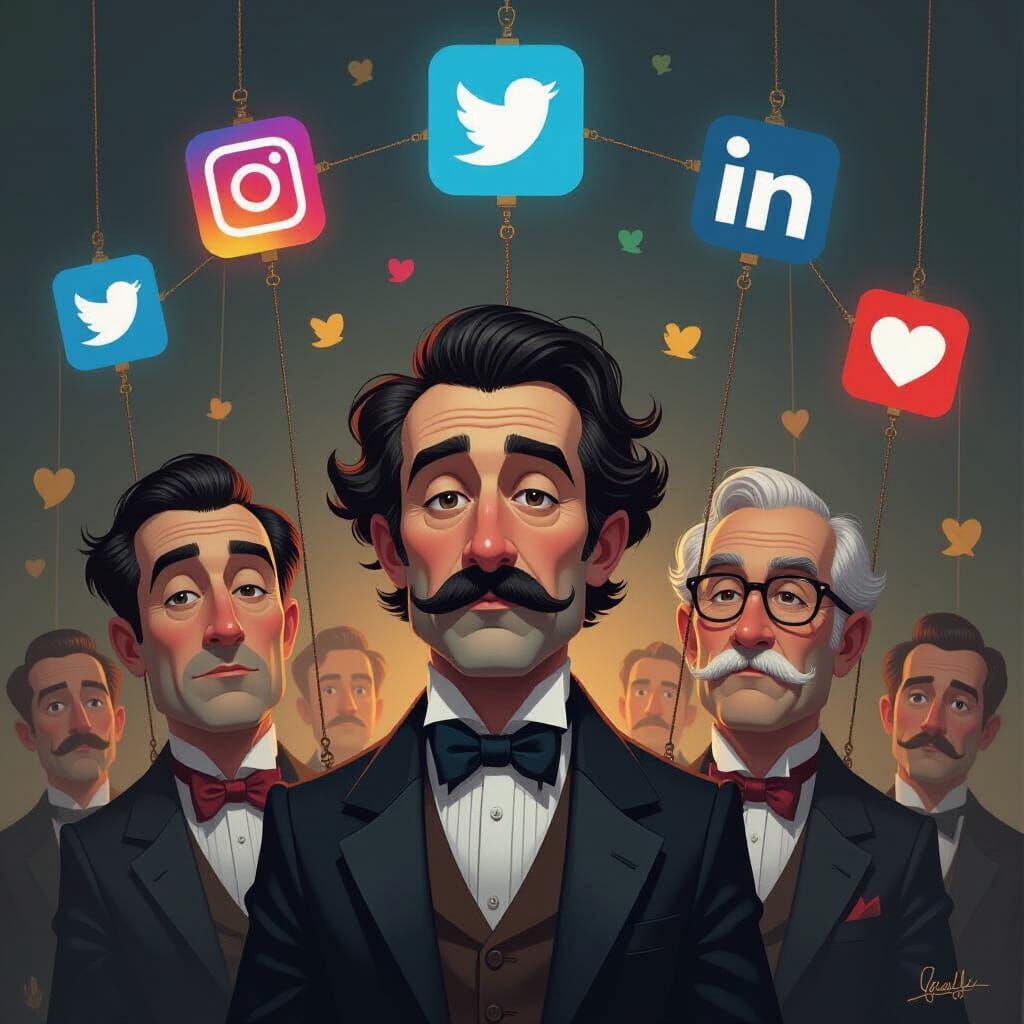 Men Controlled By Social Media Logos Satirical Caricature